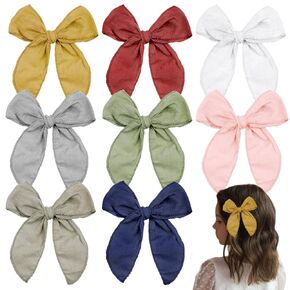8 Pieces Large Fable Hair Bows Cotton Linen Hair Bow Clips for Girls Toddler bows Pink Bow Neutral Handmade Hair Accessories Hair Bows for Toddler Baby Kids Girls Women