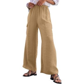 EVALESS Women's Summer Flowy Wide Leg Beach Pants Drawstring Elastic Waist Loose Trousers with Pockets