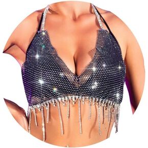 Eyret Rhinestone Bra Top Black Sparkly Mesh Tassel Halter Crop Tops Crystal Bra Chain Sexy Party Costume Rave Outfits for Women and Girls