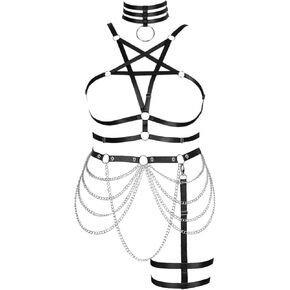 Lingerie cage Garter belts ​set Full body chain harness for women Gothic Large size Plus size Plump Festival Rave Bra