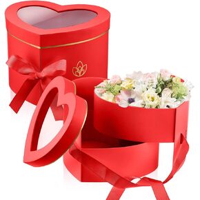 Nuanchu 2 Pcs Mother's Day Heart Shaped Flower Box with Transparent Window Paper Floral Boxes with Lids Ribbons Double Layers Rotating Gift Box for Arrangements, 9.1 x 7.9 x 6.5 Inch(Pink)