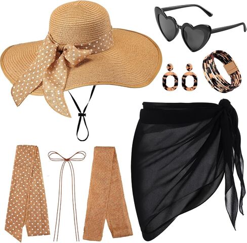 JaGely 10 Pcs Women's Straw Sun Hat Set with Swimsuit Cover up Heart Shaped Glasses Drop Earrings Leopard Print Bracelet in Saudi Arabia