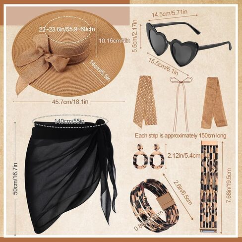 JaGely 10 Pcs Women's Straw Sun Hat Set with Swimsuit Cover up Heart Shaped Glasses Drop Earrings Leopard Print Bracelet in Saudi Arabia