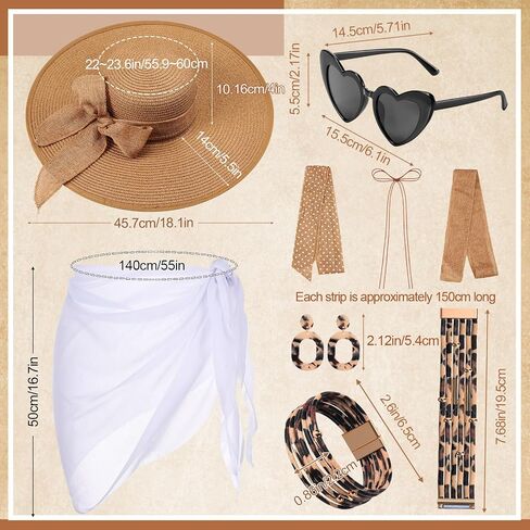 JaGely 10 Pcs Women's Straw Sun Hat Set with Swimsuit Cover up Heart Shaped Glasses Drop Earrings Leopard Print Bracelet in Saudi Arabia
