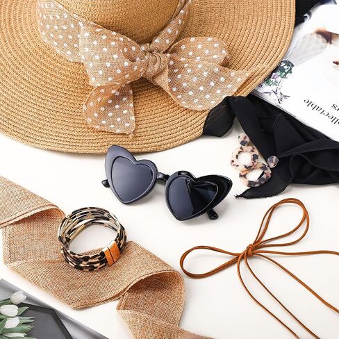 JaGely 10 Pcs Women's Straw Sun Hat Set with Swimsuit Cover up Heart Shaped Glasses Drop Earrings Leopard Print Bracelet in Saudi Arabia