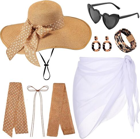 JaGely 10 Pcs Women's Straw Sun Hat Set with Swimsuit Cover up Heart Shaped Glasses Drop Earrings Leopard Print Bracelet in Saudi Arabia