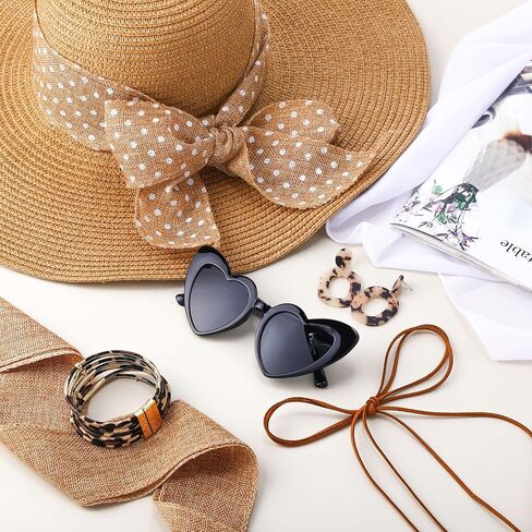 JaGely 10 Pcs Women's Straw Sun Hat Set with Swimsuit Cover up Heart Shaped Glasses Drop Earrings Leopard Print Bracelet in Saudi Arabia