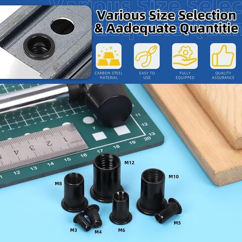 Glarks 320Pcs Metric Rivet Nuts Kit M3 M4 M5 M6 M8 M10 M12 Rivet Nuts Black Zinc Plated Carbon Steel Flat Head Rivnut Threaded Insert Rivet Nuts Assortment Set in Saudi Arabia
