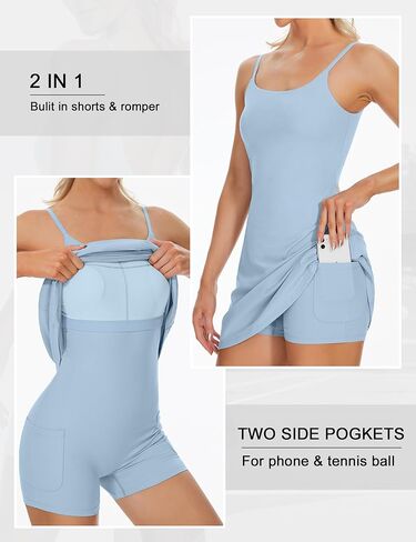 فساتين التنس للنساء، فستان تمرين التنس بدون ظهر مع شورت مدمج وحمالة صدر لفستان الجولف الرياضي in Kuwait