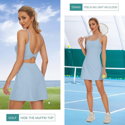 فساتين التنس للنساء، فستان تمرين التنس بدون ظهر مع شورت مدمج وحمالة صدر لفستان الجولف الرياضي in Kuwait