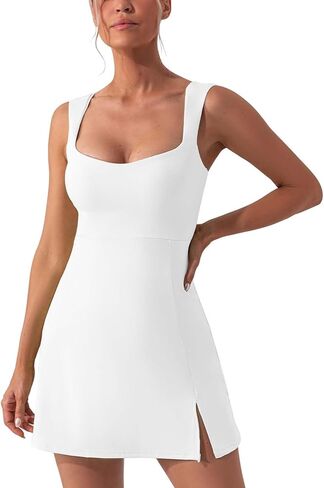 Square Neck Tennis Dresses for Women Golf Dress with Built-in Shorts Bra with Pockets for Athletic Sports Workout White M in Kuwait