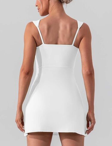 Square Neck Tennis Dresses for Women Golf Dress with Built-in Shorts Bra with Pockets for Athletic Sports Workout White M in Kuwait