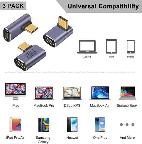 Poyiccot USB C Adapter 40Gbps, 3Pack 90 Degree USB C Adapter PD, Right Angle USB C Adapter 100W, 8K Video Type C Extender Support USB 4 Cable for Thunderbort 4/3, USB C, HUB, Docking, Tablet in Saudi Arabia