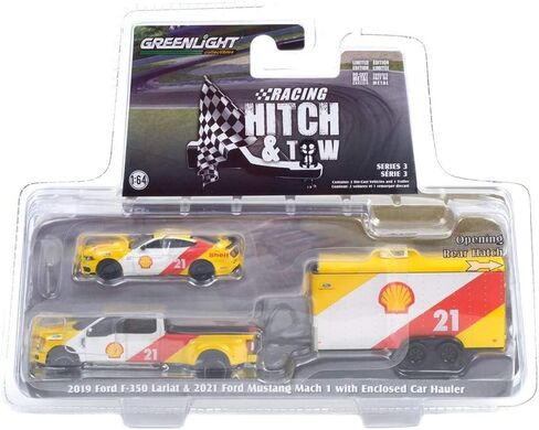 Greenlight 31110-B Racing Hitch & Tow Series 3-2019 Ford F-350 Lariat and 2021 Ford Mustang Mach 1 Shell Oil #21 with Enclosed Shell Oil Car Hauler 1:64 Scale Diecast in Saudi Arabia