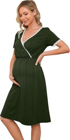 LUOFEN Women's Maternity Nursing Dress Casual V Neck Breastfeeding Lace Dresses Ribbed Knit Summer Midi Pregnancy Clothes in Saudi Arabia