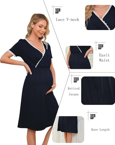 LUOFEN Women's Maternity Nursing Dress Casual V Neck Breastfeeding Lace Dresses Ribbed Knit Summer Midi Pregnancy Clothes in Saudi Arabia