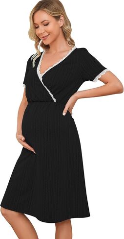 LUOFEN Women's Maternity Nursing Dress Casual V Neck Breastfeeding Lace Dresses Ribbed Knit Summer Midi Pregnancy Clothes in Saudi Arabia