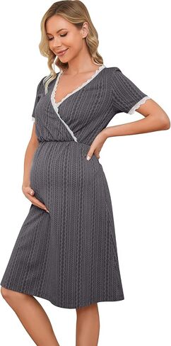 LUOFEN المرأة الأمومة فستان رضاعة عادية الخامس الرقبة الرضاعة الطبيعية الدانتيل فساتين مضلع متماسكة الصيف ميدي ملابس الحمل in Kuwait