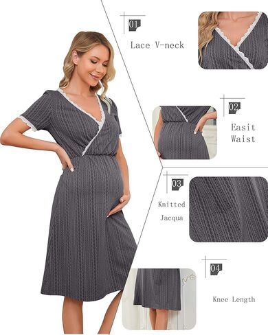 LUOFEN المرأة الأمومة فستان رضاعة عادية الخامس الرقبة الرضاعة الطبيعية الدانتيل فساتين مضلع متماسكة الصيف ميدي ملابس الحمل in Kuwait