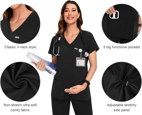 ملابس العمل النسائية من POSHGLAM، قمصان طبية برقبة على شكل حرف V، ملابس فرك الحمل، S-XXL in Kuwait