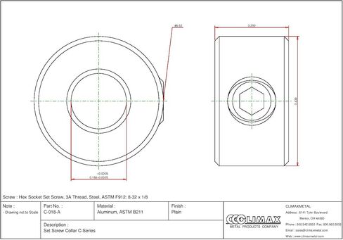 Climax Metals C-018-A طوق لولبي من الألومنيوم، تجويف 3/16 بوصة، القطر الخارجي 7/16 بوصة، عرض 1/4 بوصة، #8-32 × 1/8 بوصة مجموعة برغي in Kuwait
