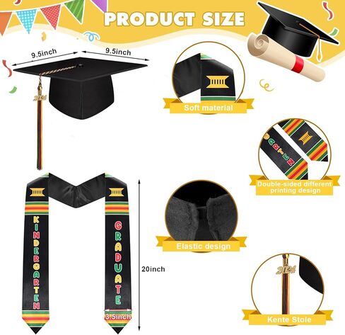 NNG قبعة التخرج لمرحلة ما قبل المدرسة وقبعة رياض الأطفال مع شرابة، مجموعة وشاح التخرج للأطفال من Kente لعام 2024 للجنسين هدايا تخرج للأطفال الصغار in Kuwait