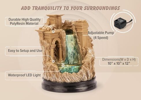 Ancient Roman Ruins Tabletop Water Fountain, 1 Foot Tall, Cascading Waterfall, with LED Light, Decorative Indoor Water Fountain, by Better Office Products in Saudi Arabia