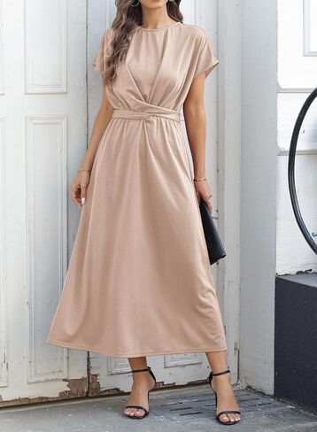 MyFav Women's Formal Dresses Batwing Elegant Tie Elastic Waist Front Wrap Maxi Wedding Guest Cocktail Party Dresses in Kuwait