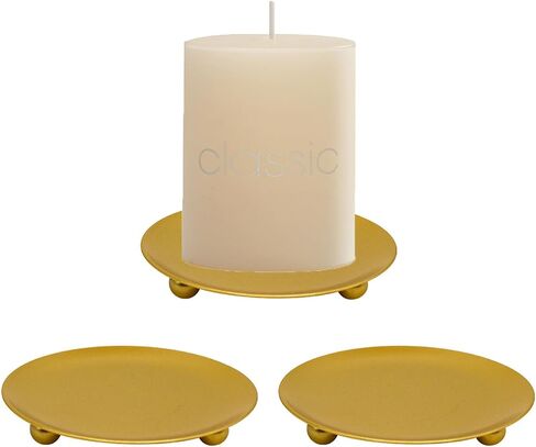 Gemseek Gold Pillar Candle Holders Set of 3, 4.3" Round Metal Plate Stand Candlestick Pedestal for Table Centerpiece Decor in Saudi Arabia