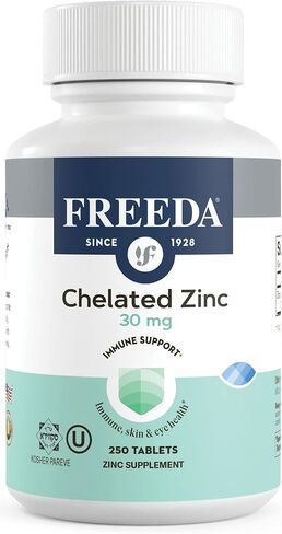 Freeda Chelated Zinc Supplement - Kosher 30 mg Zinc Chelate Zinc Tablets as Albion TRAACS Zinc Bisglycinate - Zinc Chelated for Adults - Pure Zinc 30mg - Zinc for Men & Women - (100 Tiny Tablets) in Kuwait