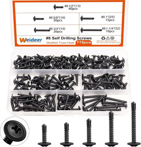 weideer 115pcs #8 Self Drilling Screws Self Tapping Tek Screws Assortment Kit Black Oxide Truss Head Sheet Metal Screws 410 Stainless Steel (1/2"to1-1/4") K-055-115P in Saudi Arabia