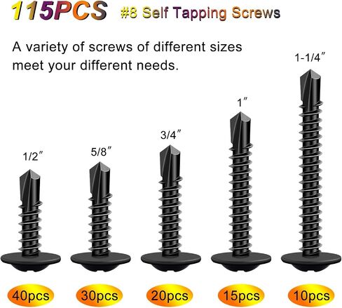 weideer 115pcs #8 Self Drilling Screws Self Tapping Tek Screws Assortment Kit Black Oxide Truss Head Sheet Metal Screws 410 Stainless Steel (1/2"to1-1/4") K-055-115P in Saudi Arabia