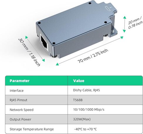 حاقن EDUP 320 وات Starlink PoE، محول طاقة DC 48V جيجابت POE + طبق إلى مجموعة محول RJ45، رمادي معدني، علبة من الألومنيوم، يعمل من أجل Starlink عالي الأداء/Starlink Flat عالي الأداء in Kuwait