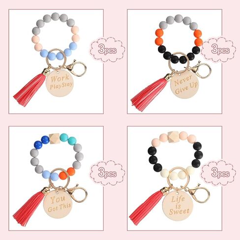 Faccito 12 Pcs Inspirational Key Ring Bracelet with Tassel Beaded Motivational Quote Wristlet Keychain for Women in Saudi Arabia