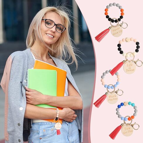 Faccito 12 Pcs Inspirational Key Ring Bracelet with Tassel Beaded Motivational Quote Wristlet Keychain for Women in Saudi Arabia