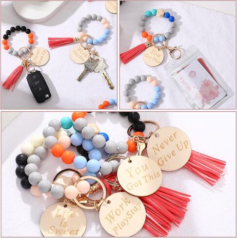 Faccito 12 Pcs Inspirational Key Ring Bracelet with Tassel Beaded Motivational Quote Wristlet Keychain for Women in Saudi Arabia