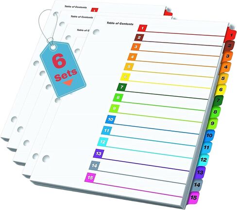 1InTheOffice 15 Tab Dividers, Ring Tab Dividers, Divider Tabs Table of Contents, Tab Dividers for 3 Ring Binder 8.5x11, 6 Pack in Saudi Arabia