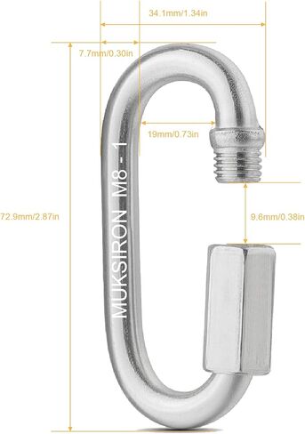 MUKSIRON 2.87 Inch Stainless Steel Chain Quick Links - 6 Pack 5/16" Stainless Locking Carabiner Connector Threaded Oval Ring for Pet Traction,Lamp Hook,Camping, Fishing - 3300 Lbs Capacity in Saudi Arabia