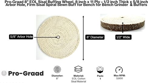 Pro-Graad 2 Pack 8" EOL Sisal Buffing Wheel, 8 inch x 11 Ply - 1/2 inch Thick x 5/8 inch Arbor Hole, Firm Sisal Spiral Sewn Buff for Bench Grinder, Ideal for Coarse Cut First Step Buffing – Pack of 2 in Saudi Arabia