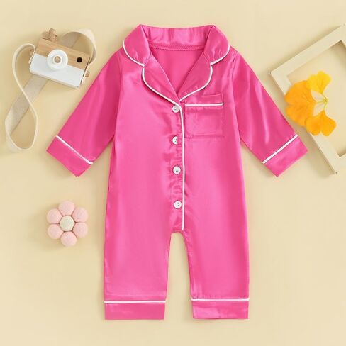 Newborn Baby Boy Girl Silk Pajamas Jumpsuit Button Down Long Sleeve One Piece Romper Pjs Satin Infant Sleepwears in Kuwait