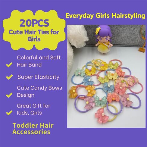 20 Pcs Toddlers Hair Ties for Girls Elastic Ponytail Holders for Kids,Cute Candy Color Hair Bands with Bows Pigtails Hair Accessories for Girls,Hair Ties for Little Girl Teens Children Birthday Gift in Saudi Arabia