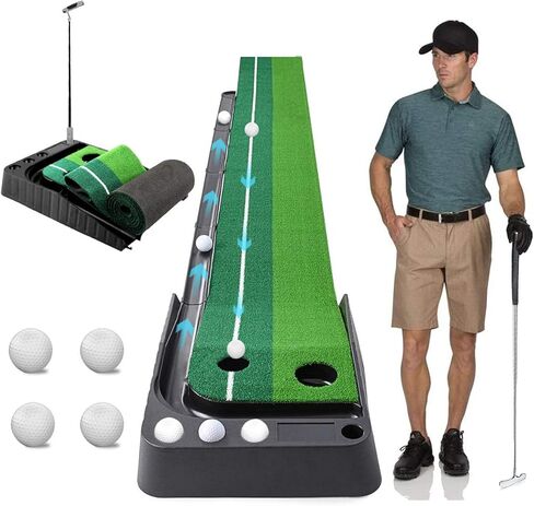 Aliennana Golf Putting Green Mat مع إرجاع الكرة تلقائيًا، مساعد تدريب على ممارسة الجولف، طويل جدًا 9.84 قدم، أخضر احترافي للاستخدام الداخلي/الخارجي مع 4 كرات إضافية حصائر جولف قابلة للطي in Kuwait
