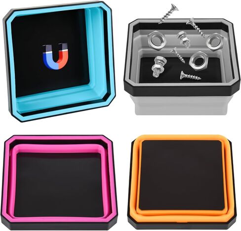 Collapsible Magnetic Parts Tray Set, 4-Pack Square Silicone Foldable Bowls with Dual-Sided Magnetic Base, Magnetic Foldable Tool Trays for Screw, Bolts, Pins and Other Small Metal Parts in Saudi Arabia