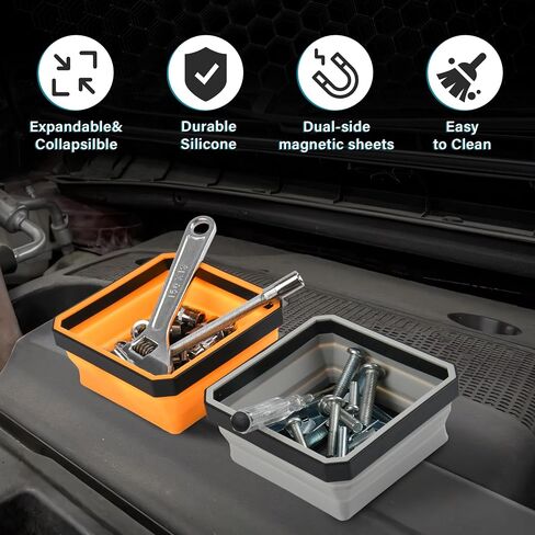 Collapsible Magnetic Parts Tray Set, 4-Pack Square Silicone Foldable Bowls with Dual-Sided Magnetic Base, Magnetic Foldable Tool Trays for Screw, Bolts, Pins and Other Small Metal Parts in Saudi Arabia