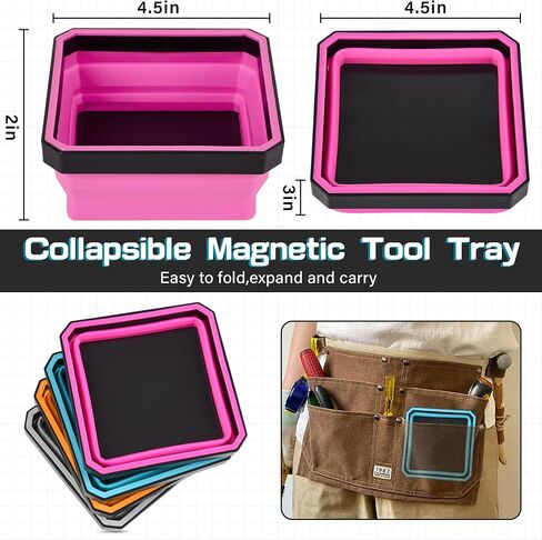 Collapsible Magnetic Parts Tray Set, 4-Pack Square Silicone Foldable Bowls with Dual-Sided Magnetic Base, Magnetic Foldable Tool Trays for Screw, Bolts, Pins and Other Small Metal Parts in Saudi Arabia