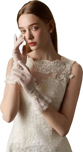 zeasciosd Women's Short Lace Floral Gloves Sheer Mesh Tulle Gloves Wrist Length Wedding Bridal Opera Tea Party Gloves in Saudi Arabia