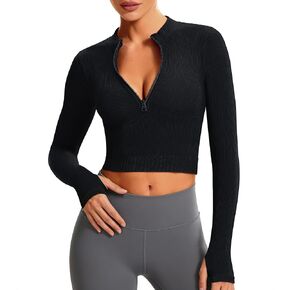 VEQKING المرأة كم طويل تجريب المحاصيل القمم نصف البريدي البلوز البلوز مضلع ضيق المجهزة قمصان رياضية مع ثقوب الإبهام in Kuwait