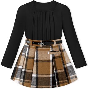 Girls Clothes Square Neck Long-sleeved Top + Plaid Skirt with Lining Pants + Belt 2 Piece Set Girls Fall Winter Outfits in Saudi Arabia