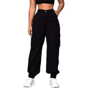 Black Cargo Pants for Womens Joggers with Pockets Elastic Ankle Cuffed High Waist Slim Casual Hiking Active Sweatpants, Blackab22314, M in Saudi Arabia