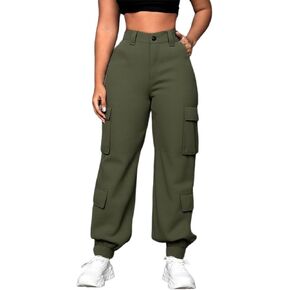 Black Cargo Pants for Womens Joggers with Pockets Elastic Ankle Cuffed High Waist Slim Casual Hiking Active Sweatpants in Kuwait
